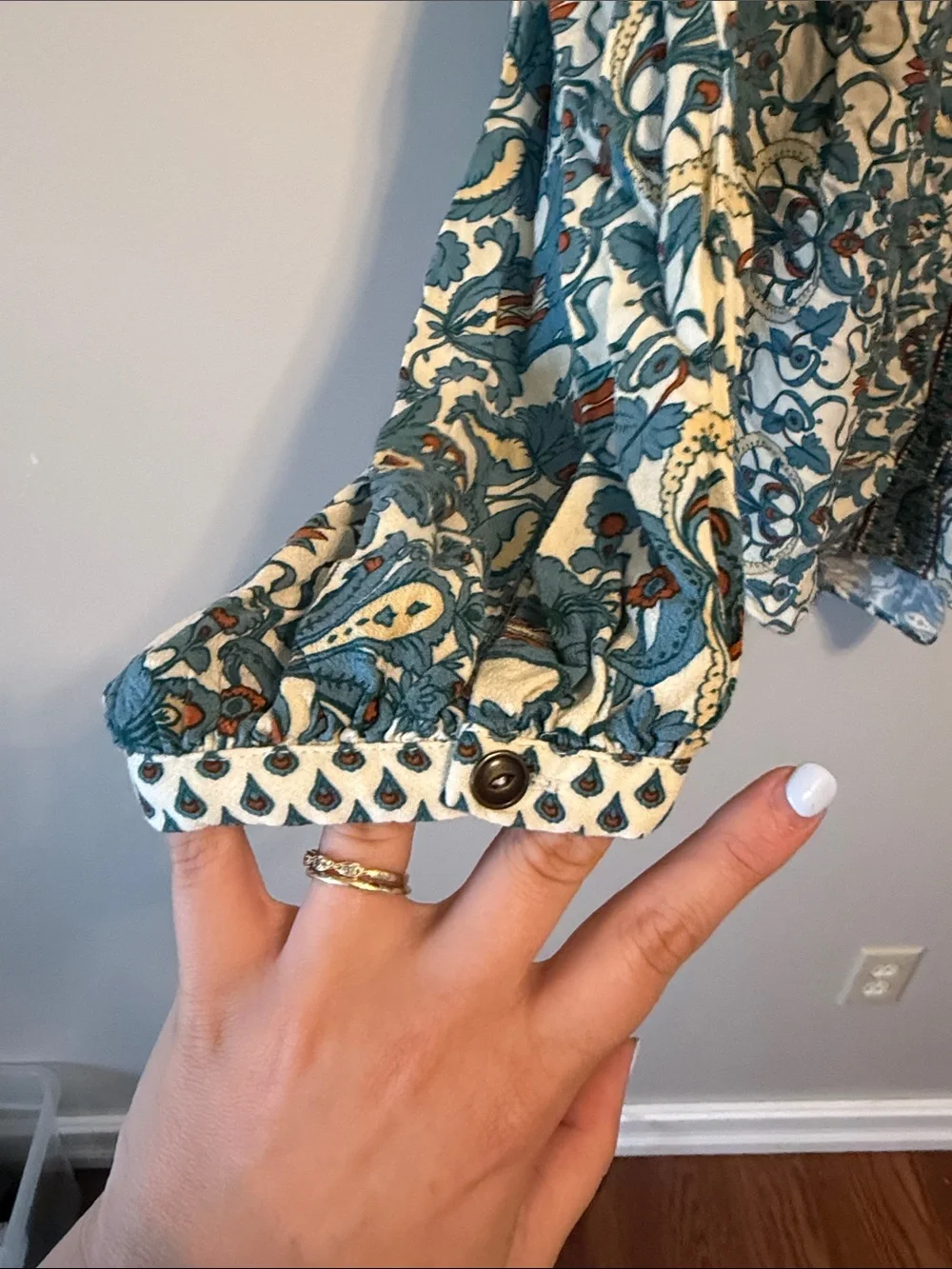 Anthropologie Teal, Cream & Orange Printed Button-Front Blouse - Picture 6 of 7